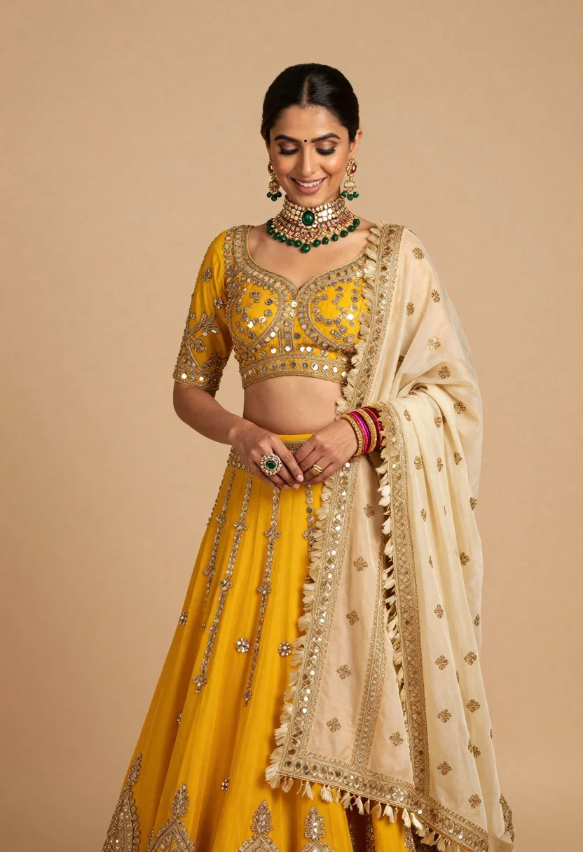 Woman in yellow lehenga choli bridal attire against beige studio backdrop