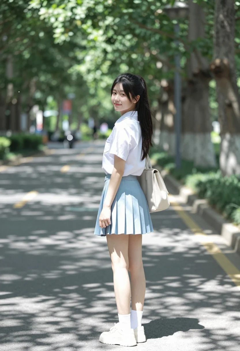 Young woman in white shirt and blue skirt on treelined paved walkway - AI generated image prompt sample