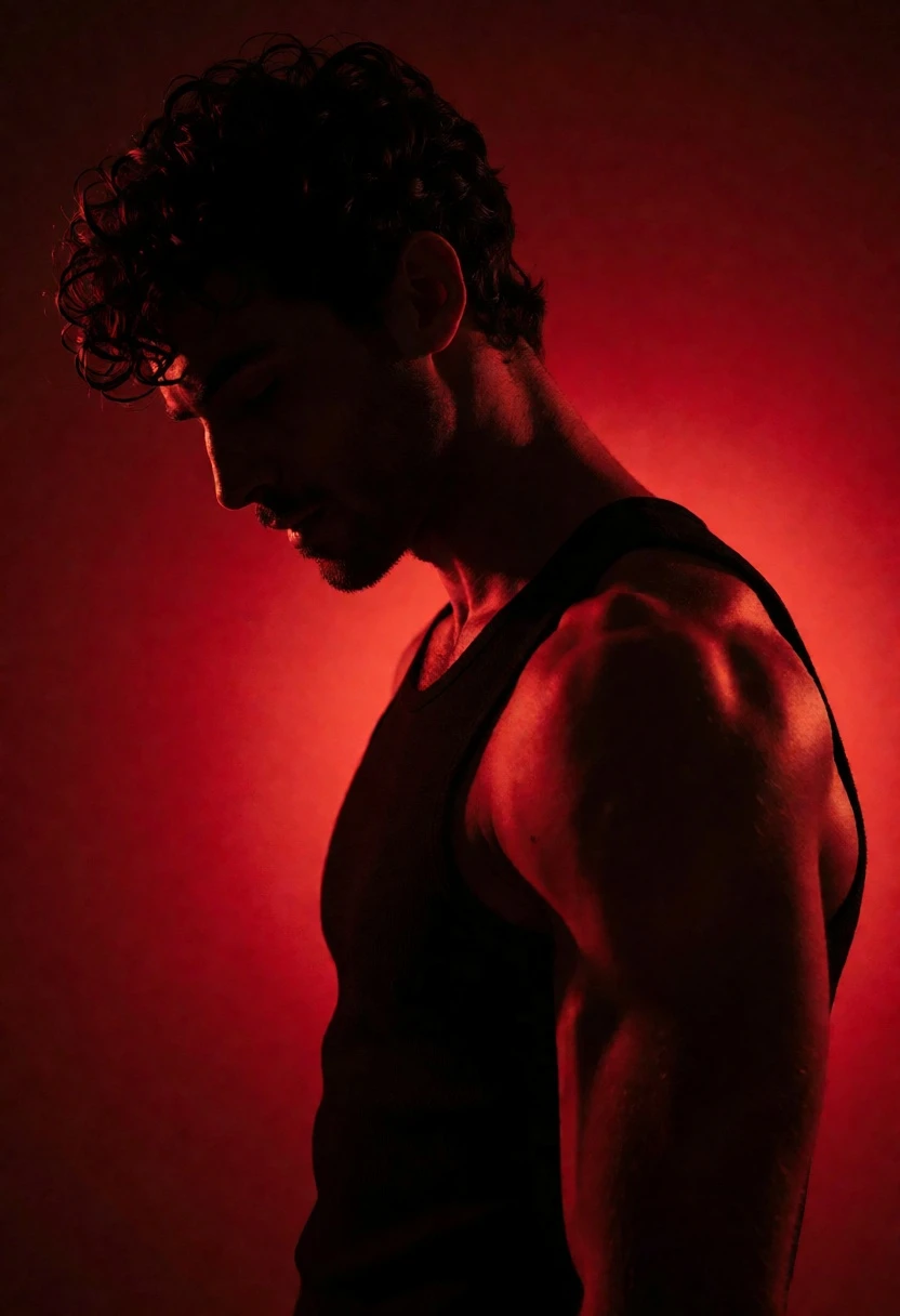 Dramatic side profile portrait of man against saturated deep red background - AI generated image prompt sample