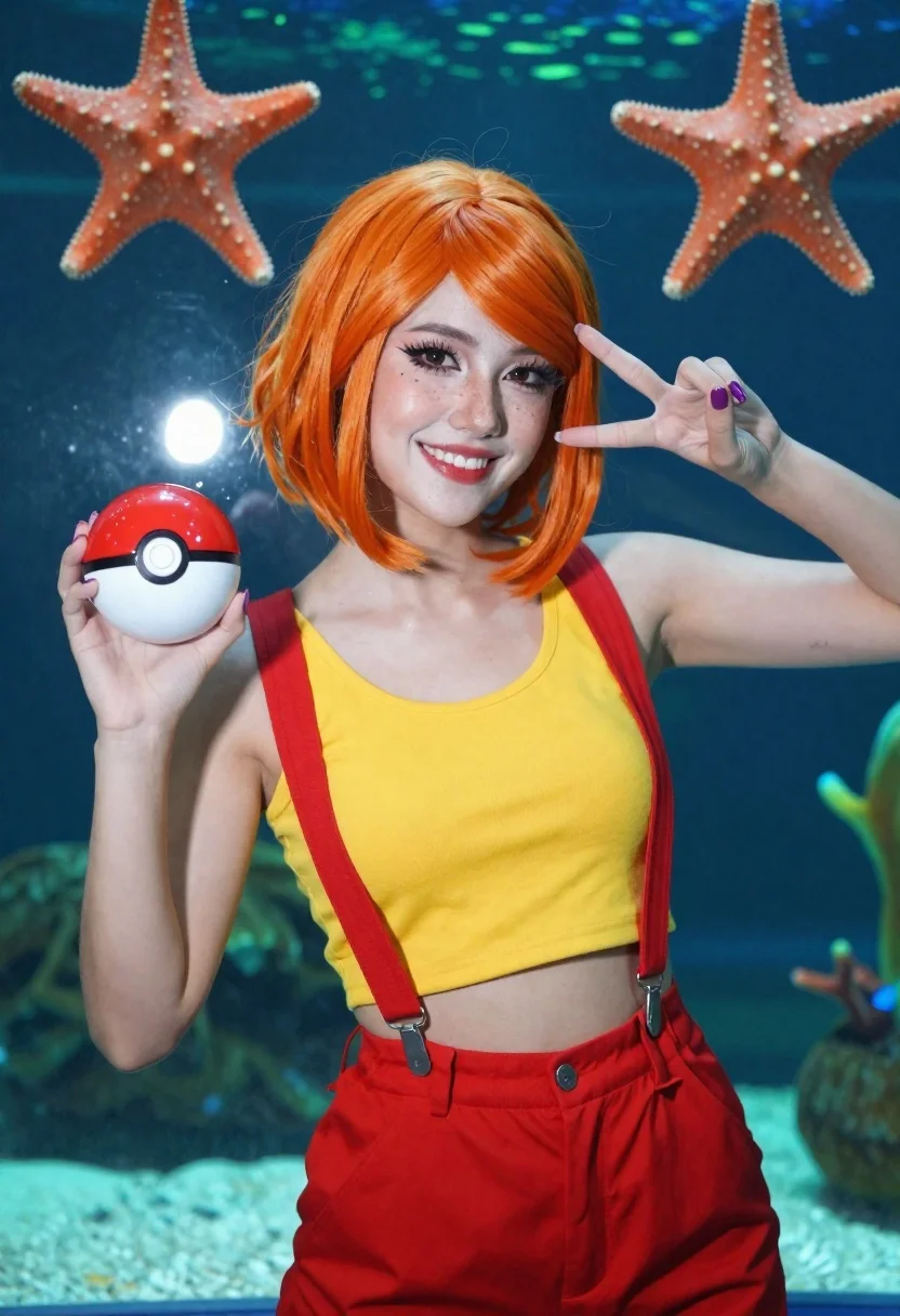 Woman cosplaying as misty in front of an aquarium - AI generated image prompt sample
