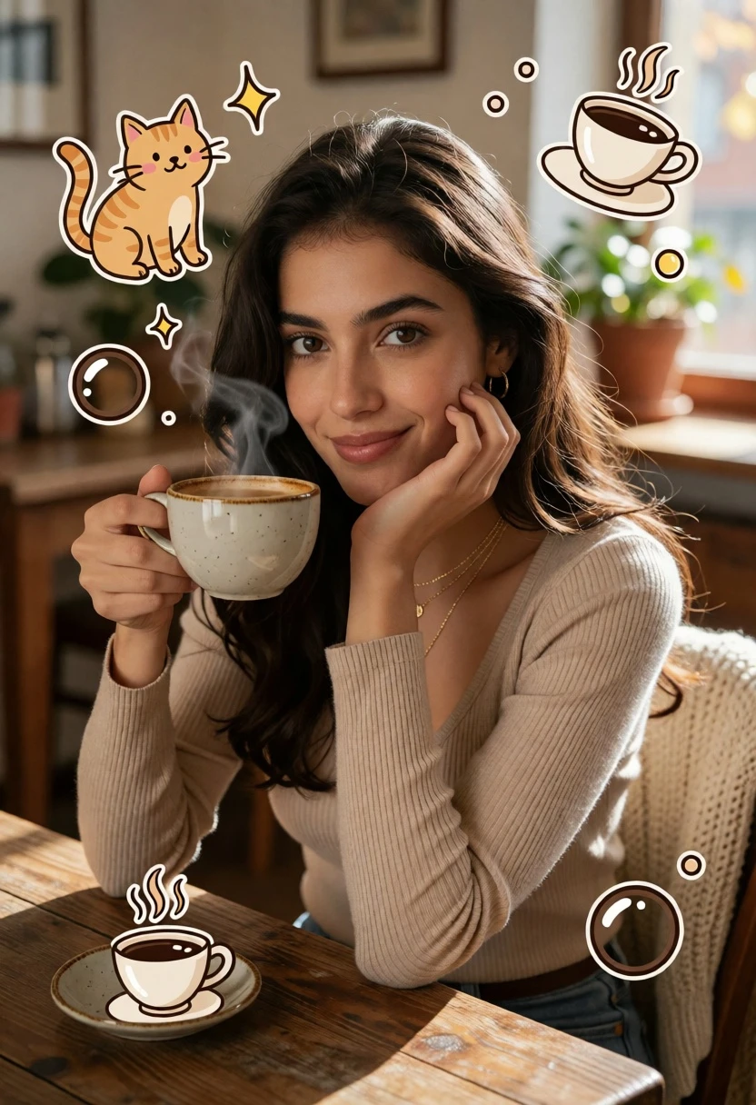 Young woman with dark hair holding coffee cup in cozy indoor setting - AI generated image prompt sample