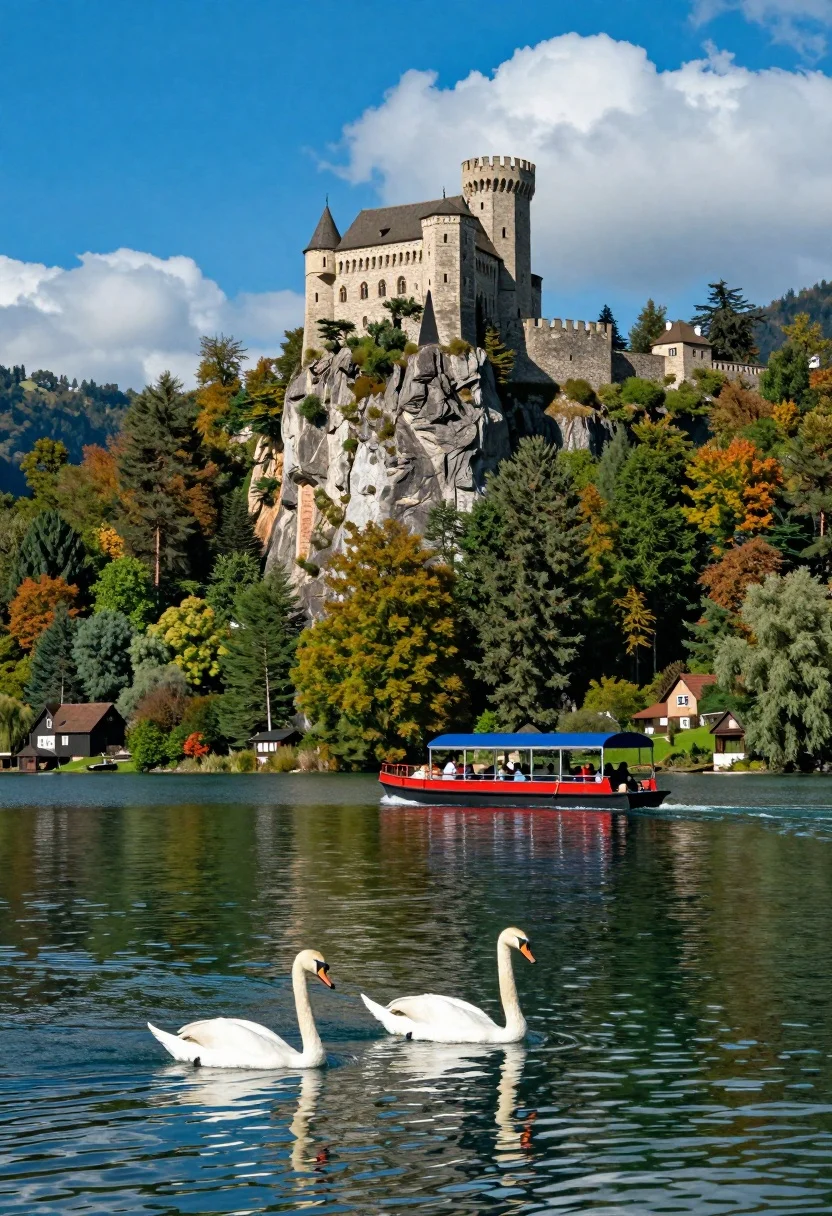 Majestic castle on cliff overlooking lake with swans and tour boat - AI generated image prompt sample