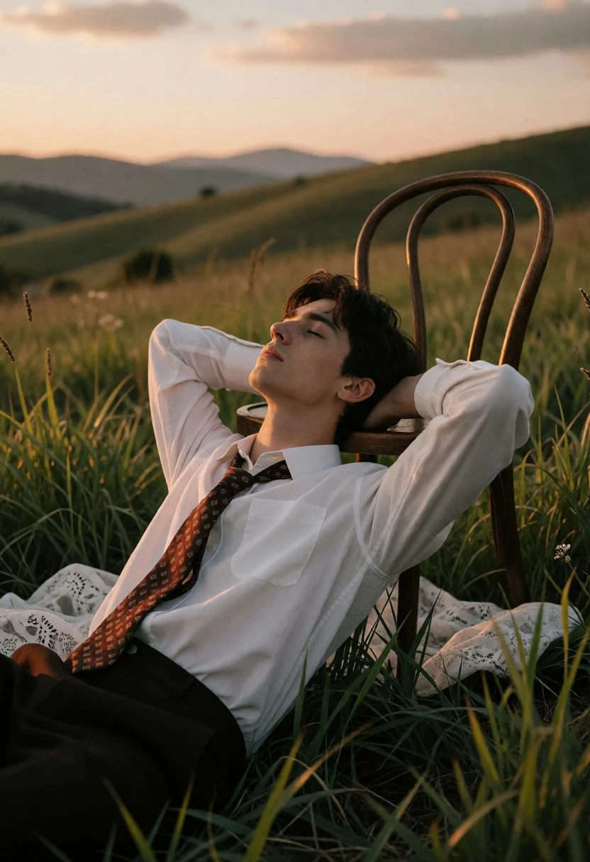 Young man resting on chair in grassy field during golden hour sunset - AI generated image prompt sample