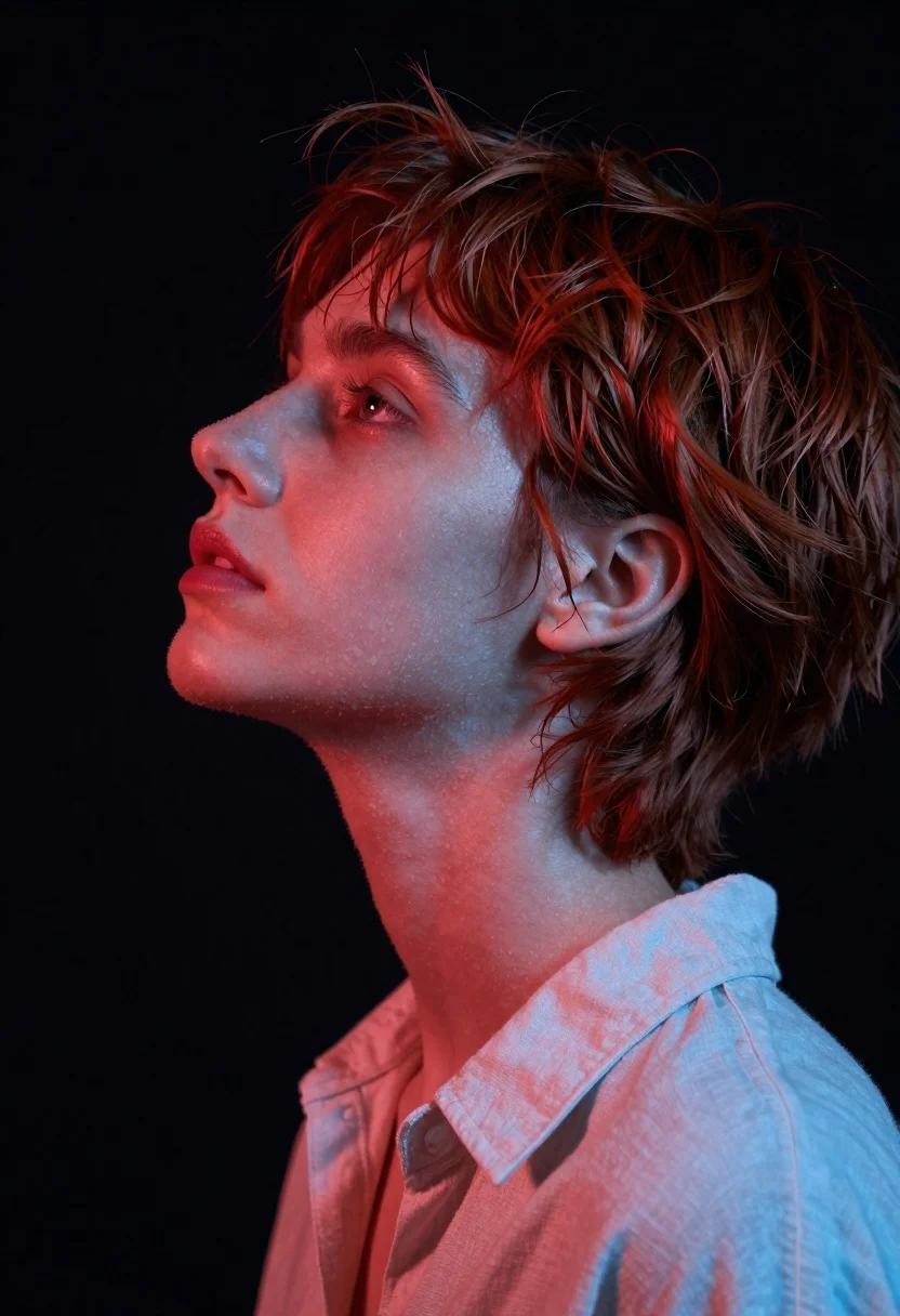 Close up profile portrait of woman with reddish brown hair looking upward - AI generated image prompt sample