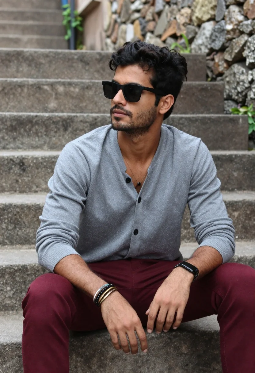 Man sitting on stone steps outdoors with cardigan