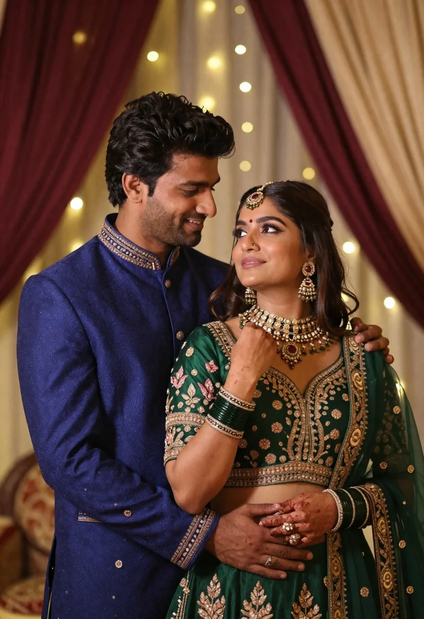 Indian couple in traditional wedding attire posing together in festive indoor setting - AI generated image prompt sample
