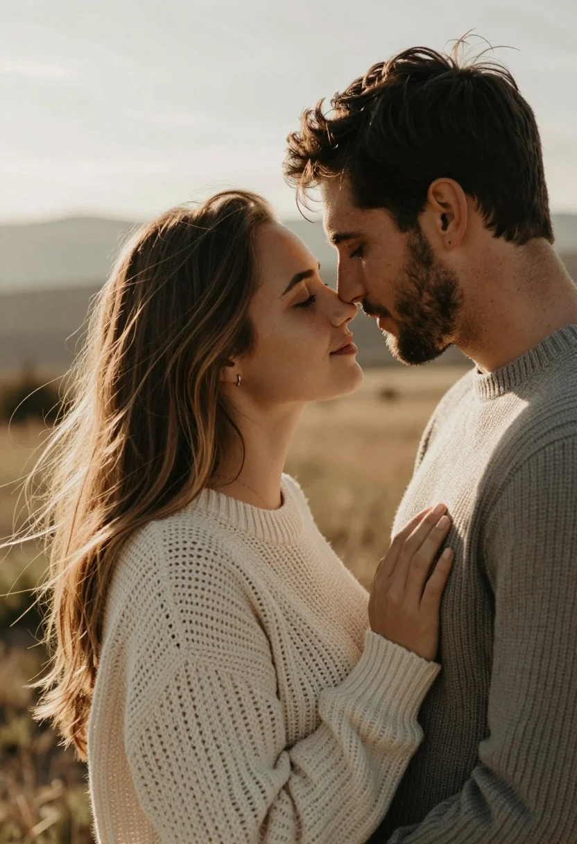 Close up romantic portrait of couple touching foreheads against hazy mountains - AI generated image prompt sample