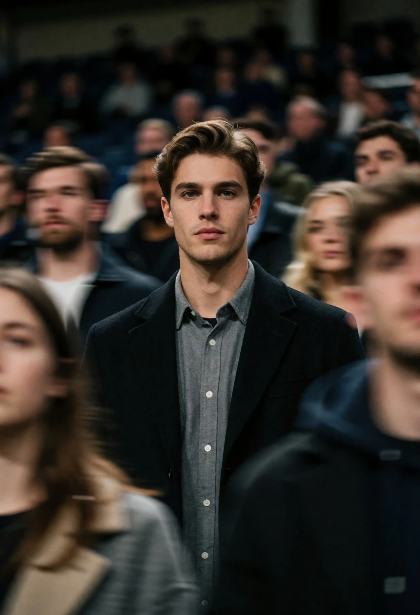 Handsome young man in dark coat standing still amidst blurred stadium crowd - AI generated image prompt sample