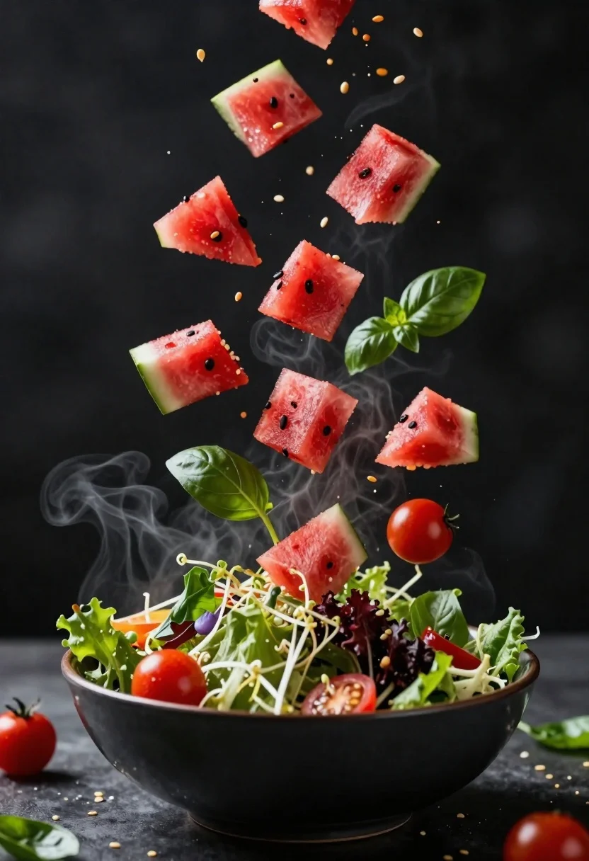 Fresh salad ingredients exploding upward from dark bowl in steam - AI generated image prompt sample