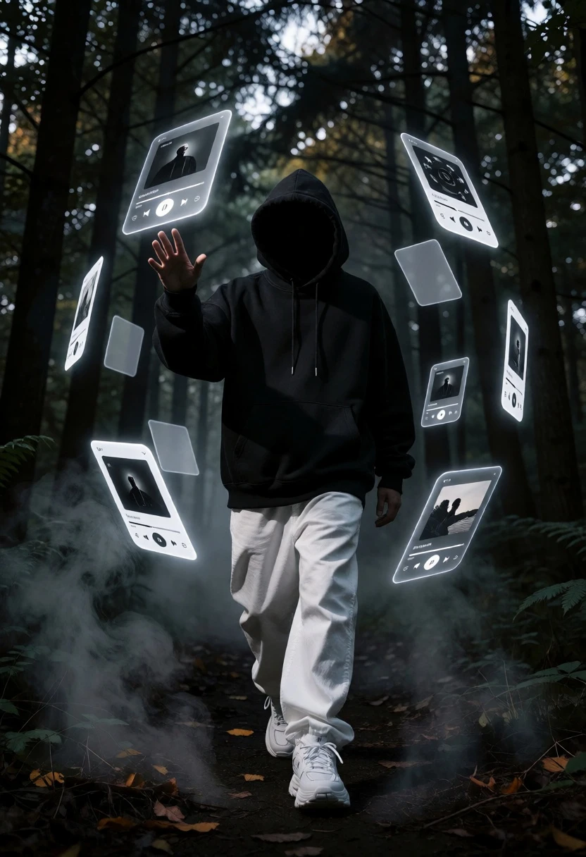 Hooded figure in misty forest interacting with floating holographic music cards - AI generated image prompt sample