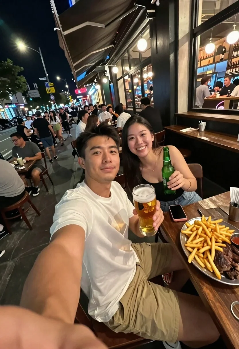 Man taking a selfie at a crowded outdoor night eatery