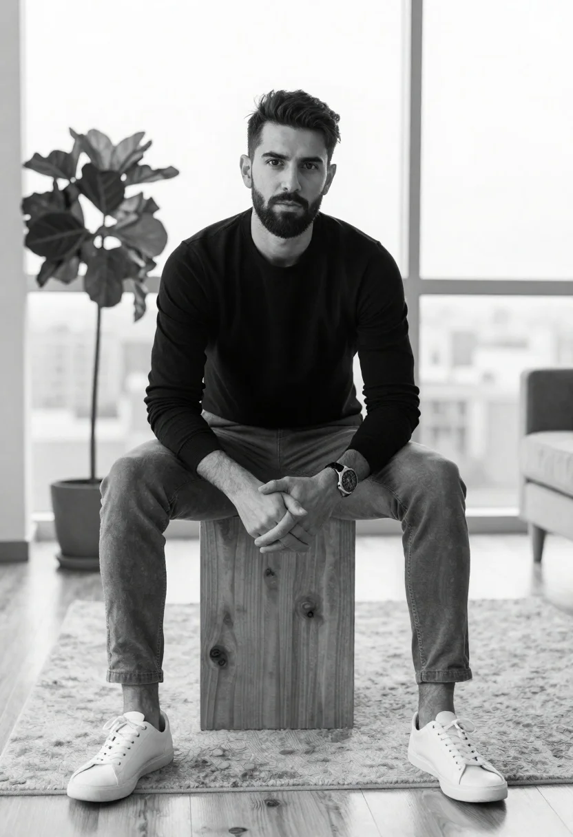 Black and white portrait of man sitting in modern living room - AI generated image prompt sample