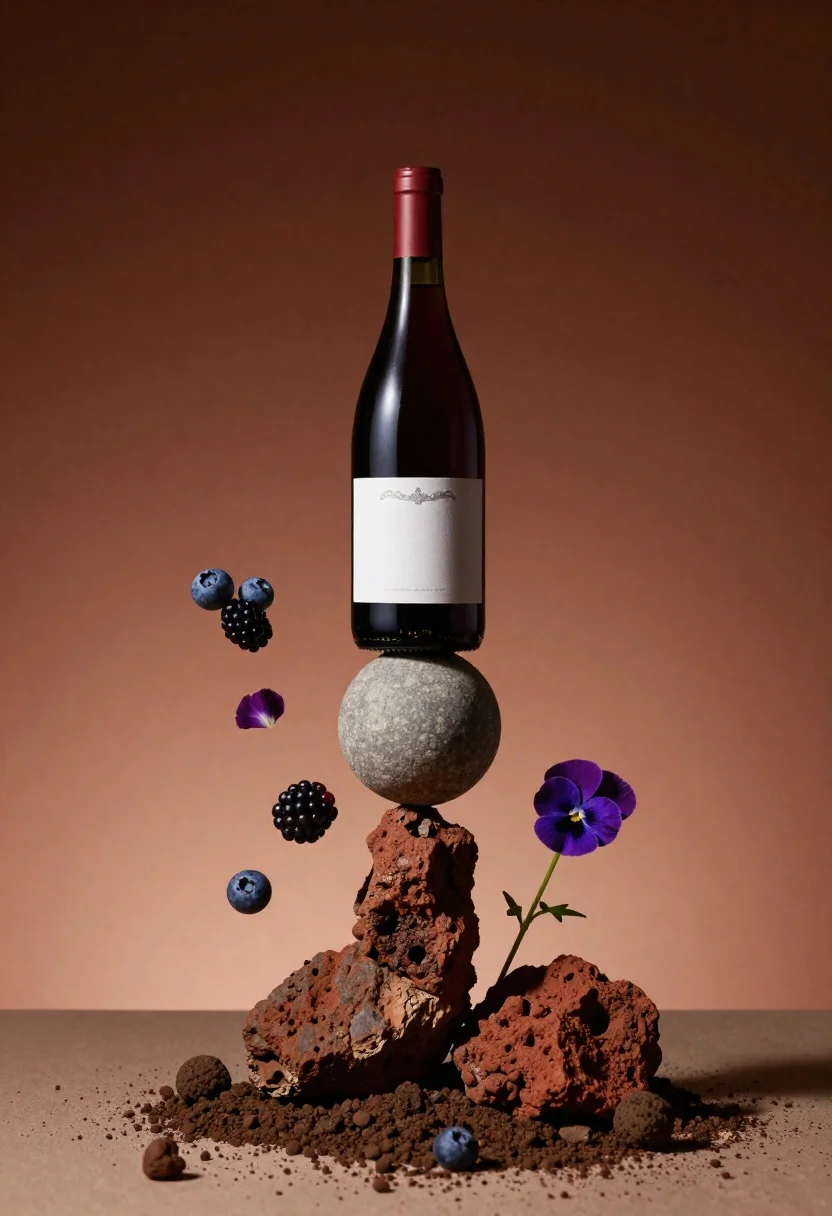 Wine bottle balanced on earth and stone still life