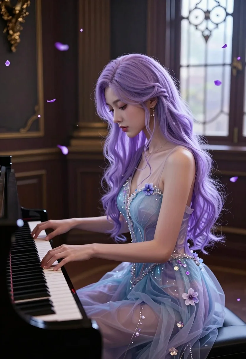Young woman with lavender hair playing piano in ornate luxurious room - AI generated image prompt sample