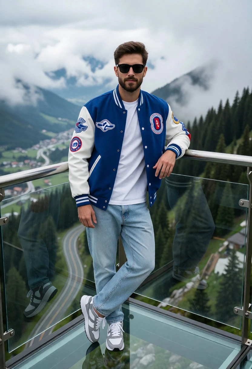 Handsome man in varsity jacket on glass deck overlooking misty mountain valley - AI generated image prompt sample