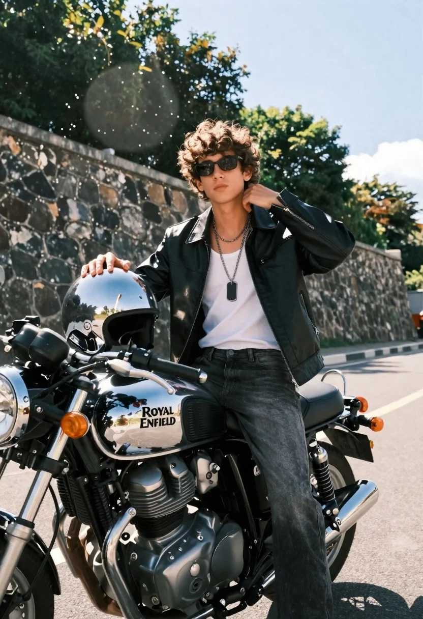 Young man with curly brown hair on chrome motorcycle by stone wall - AI generated image prompt sample