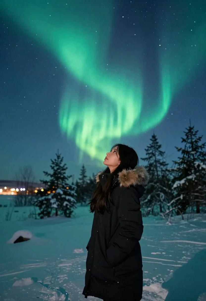 Young woman in black winter coat looking up at green aurora borealis - AI generated image prompt sample