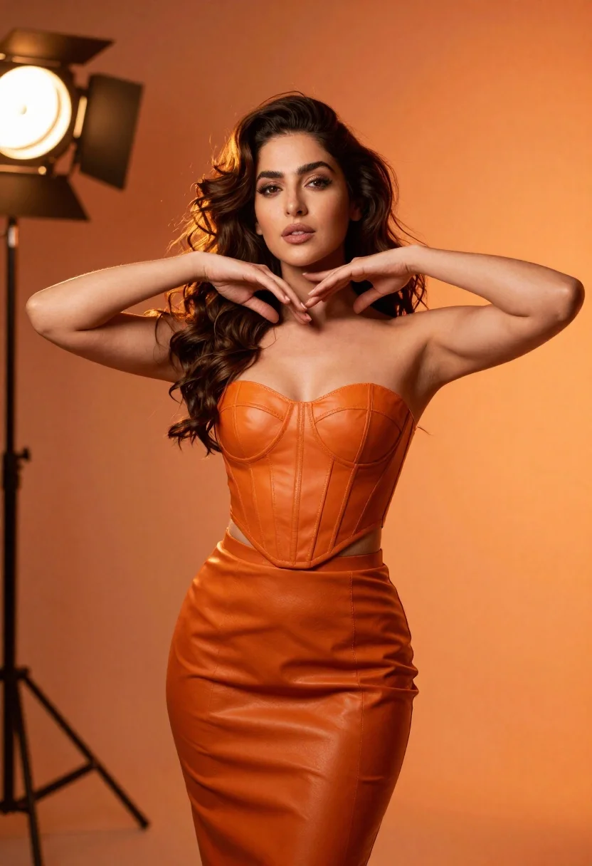 Confident woman in orange leather outfit posing in dramatic studio lighting