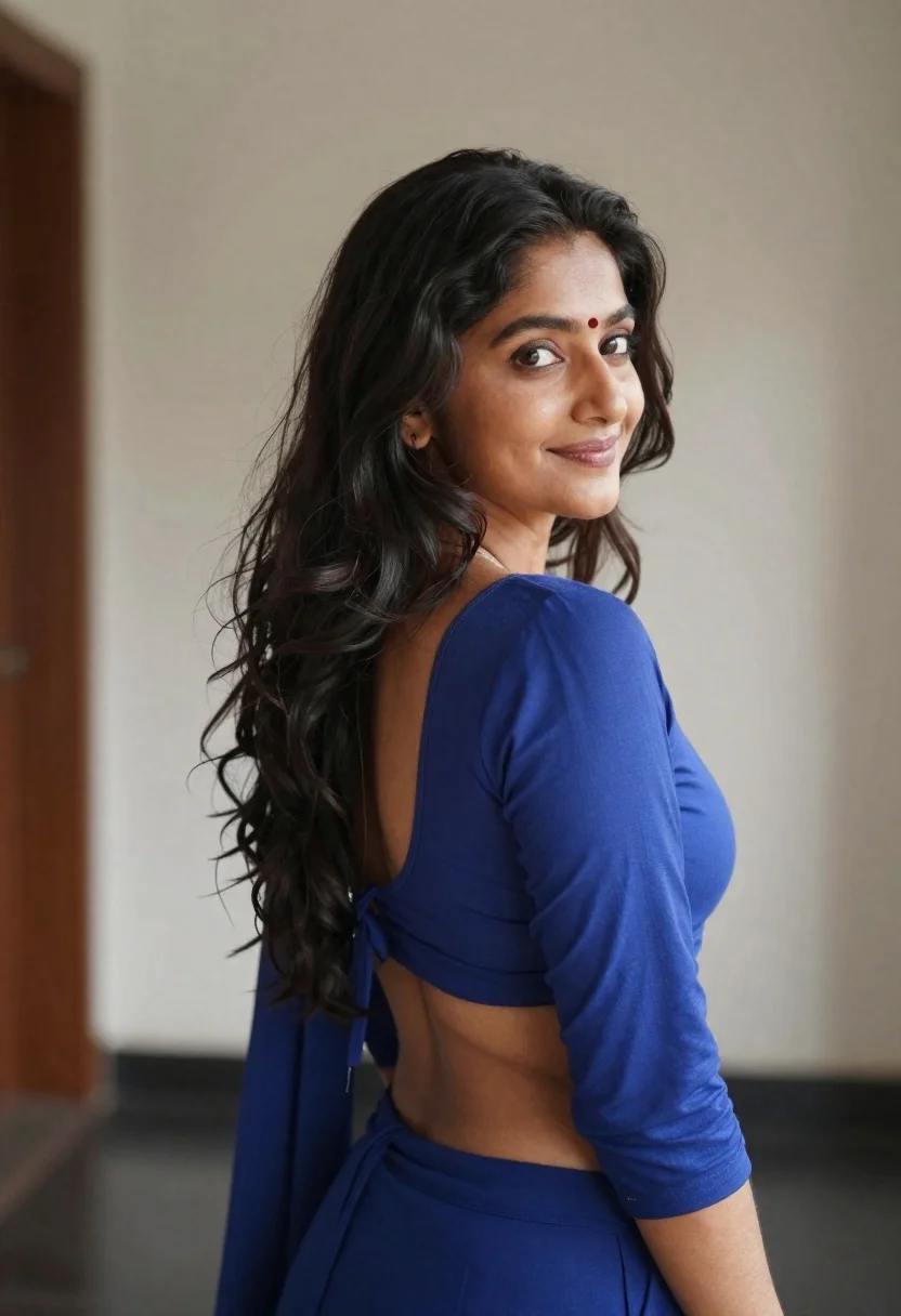 Woman with dark wavy hair looking back over shoulder in blue top