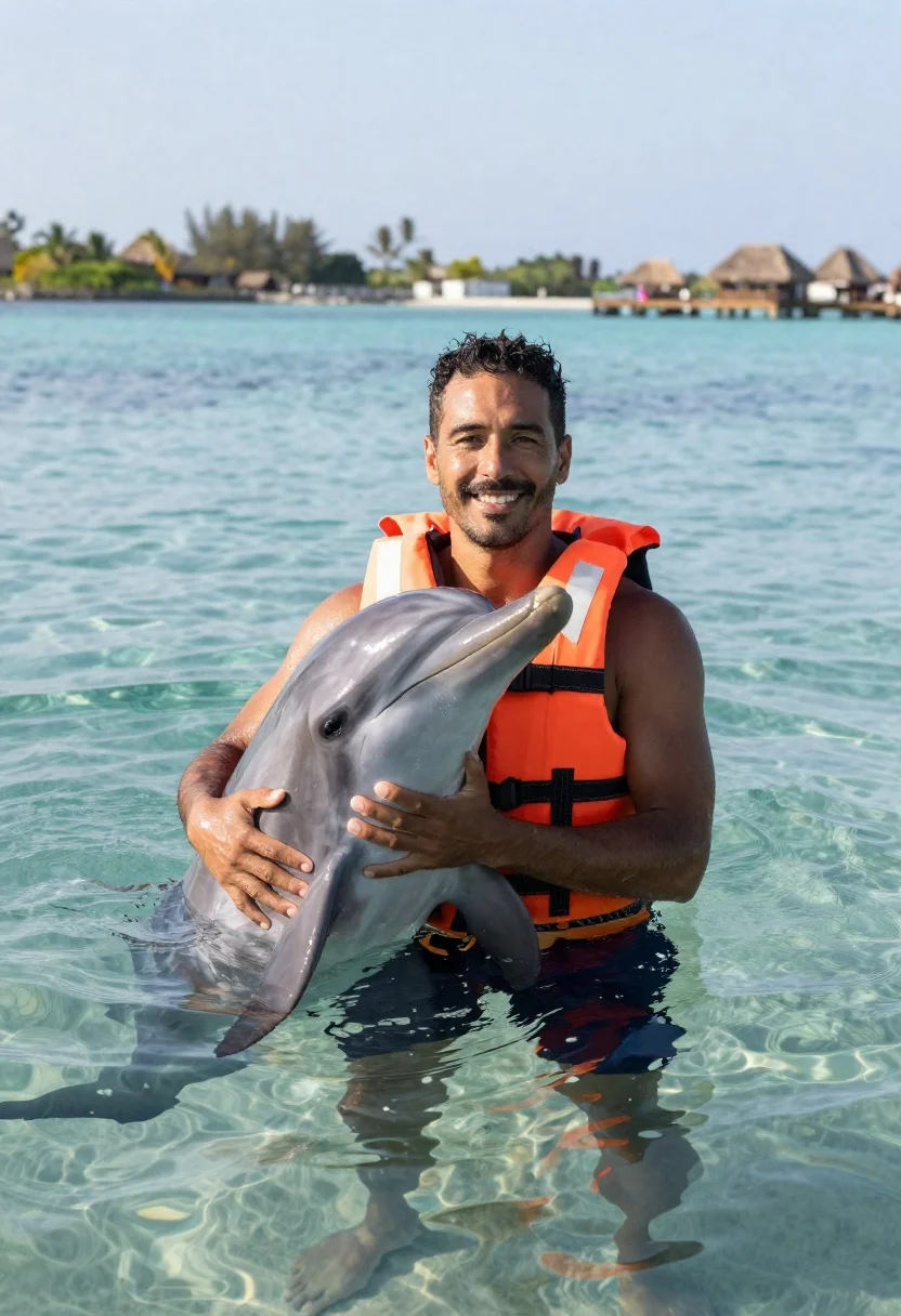 Man holding a dolphin in clear tropical lagoon water
