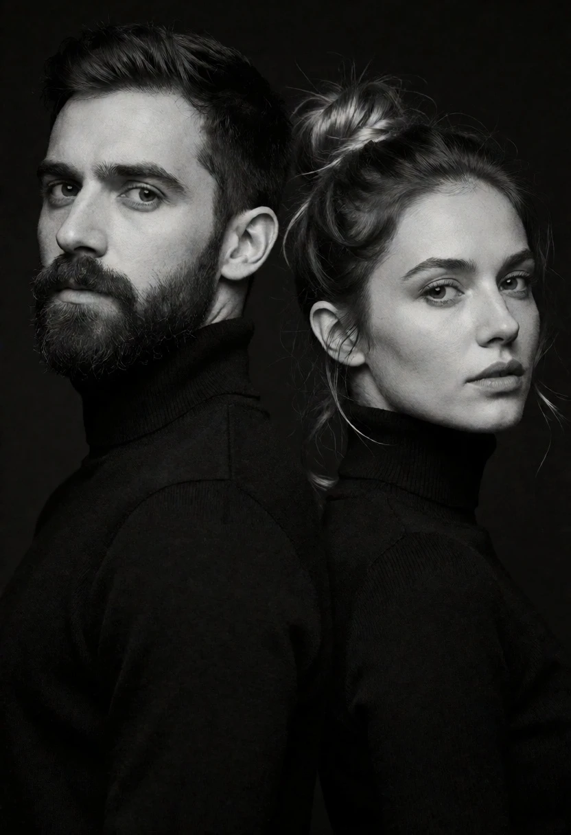 High contrast black and white portrait of man and woman back to - AI generated image prompt sample