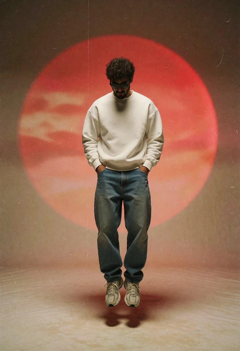 Man floating midair against glowing red circular backdrop in vintage style - AI generated image prompt sample