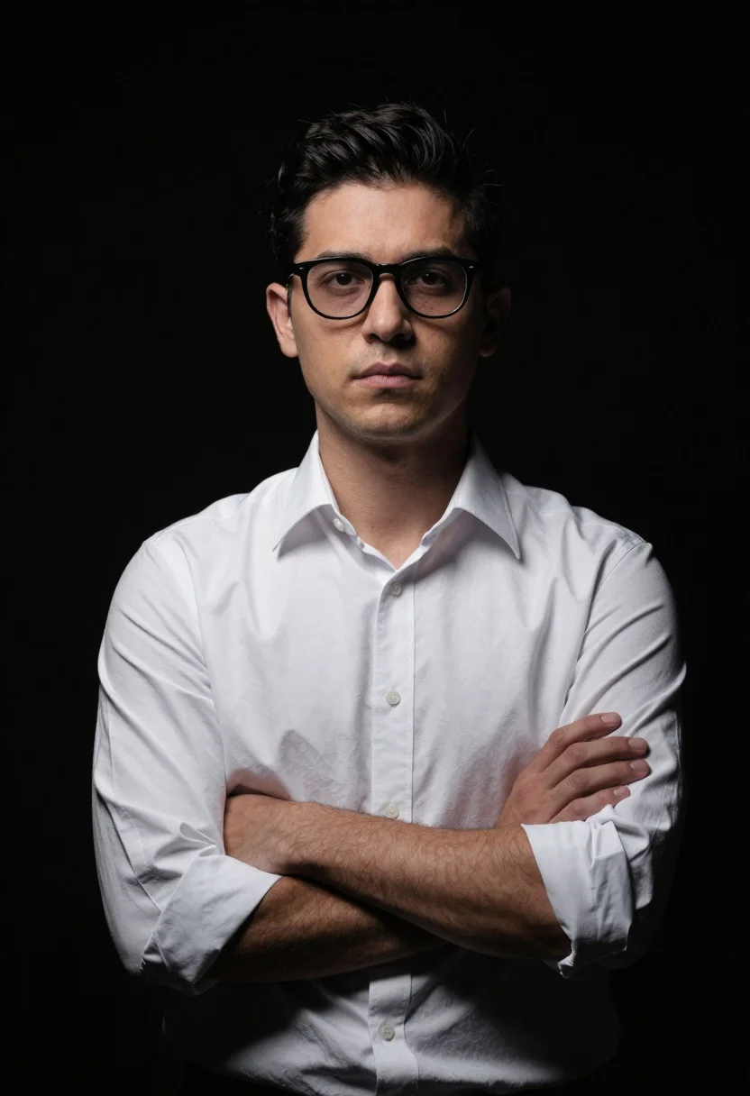 Man in white shirt standing in absolute black void