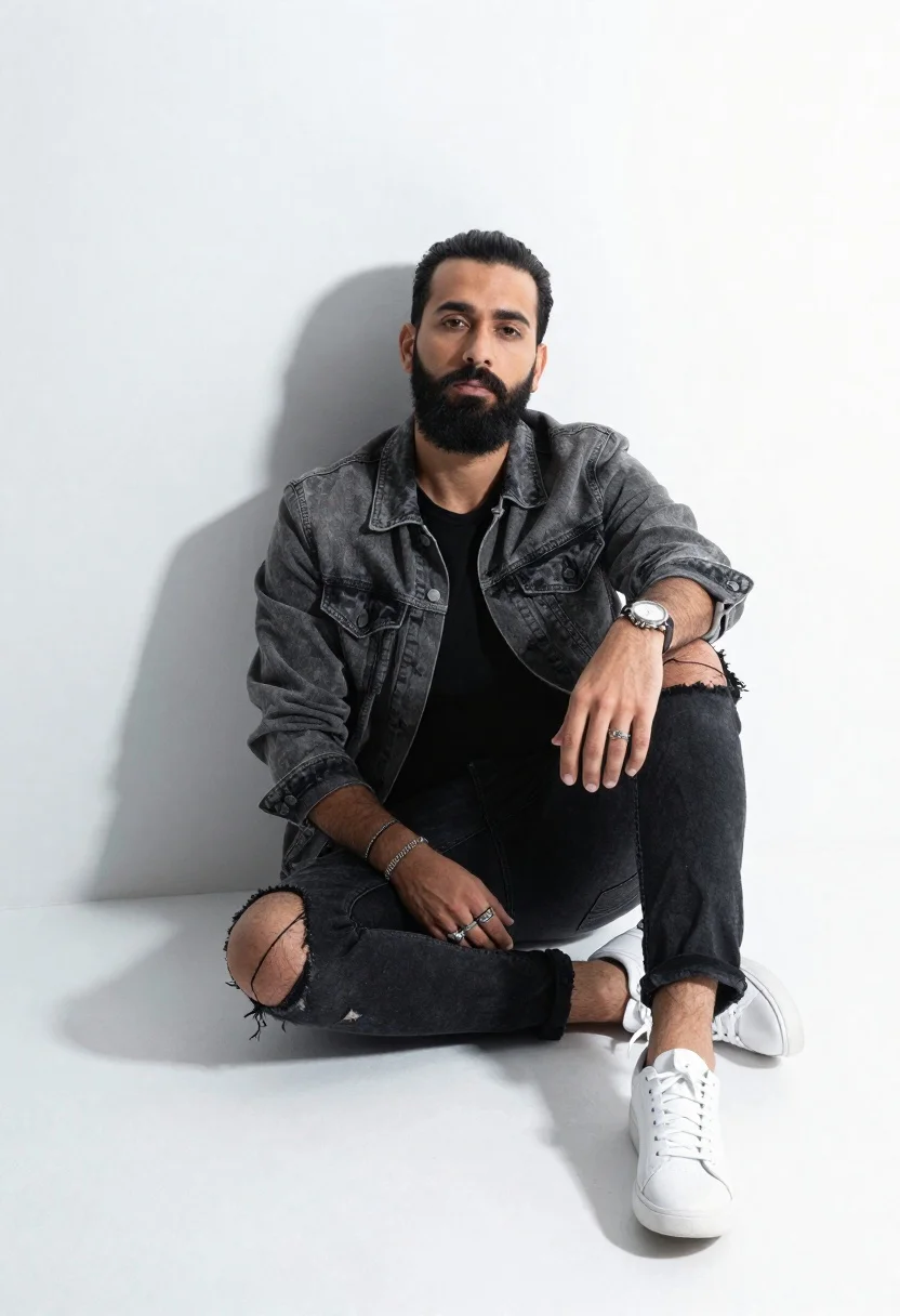 Man in denim jacket sitting on floor in white studio