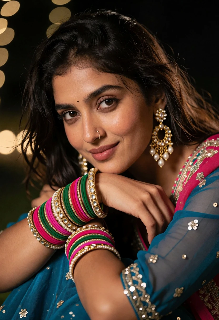 Close up portrait of woman with bangles and teal embroidered garment - AI generated image prompt sample