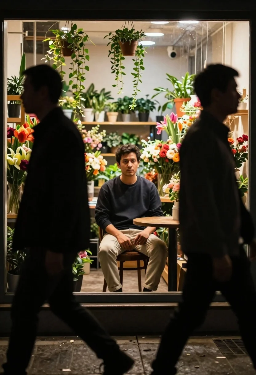 Man sitting inside a flower shop seen through silhouettes of pedestrians - AI generated image prompt sample