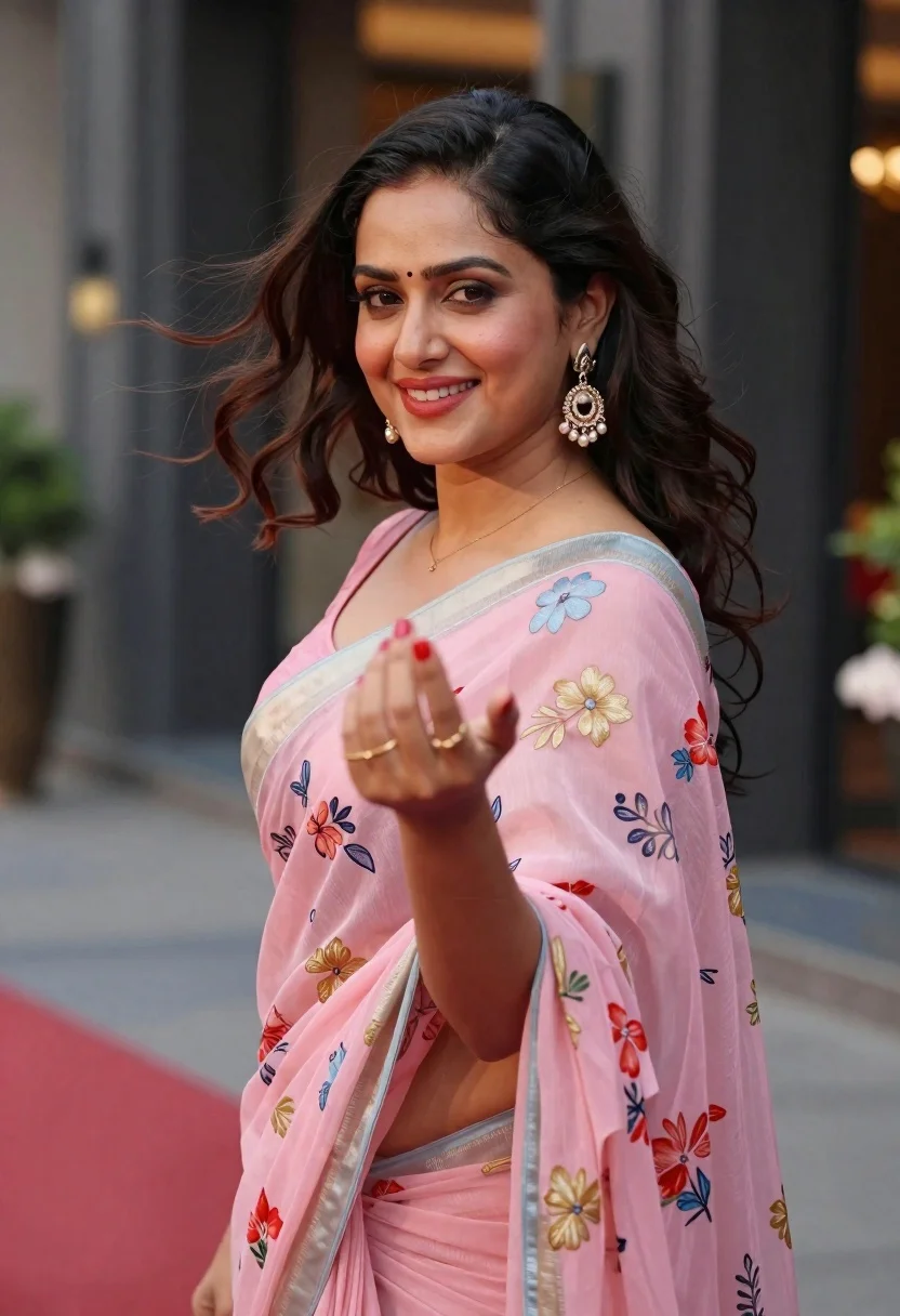 Woman in pink floral saree smiling over shoulder at urban venue