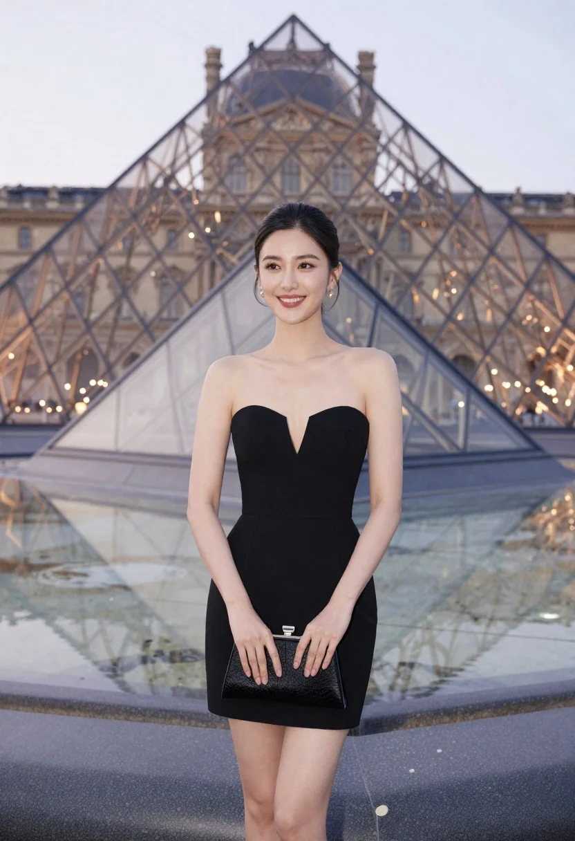 Woman in black strapless dress stands smiling before louvre pyramid at dusk - AI generated image prompt sample
