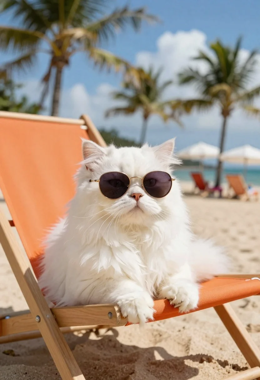 Fluffy white cat in sunglasses on an orange beach chair