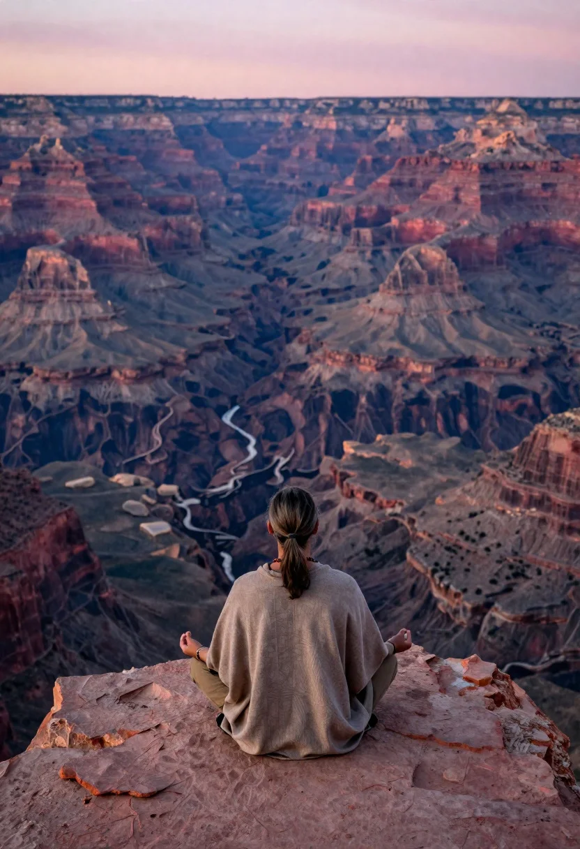 Meditating man on grand canyon rim at dawn with ethereal pink light