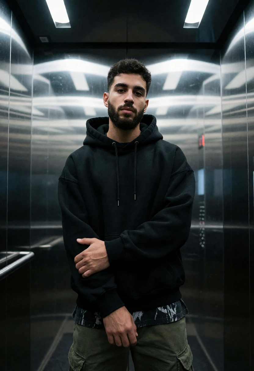 Young man standing inside modern elevator with reflective stainless steel walls - AI generated image prompt sample
