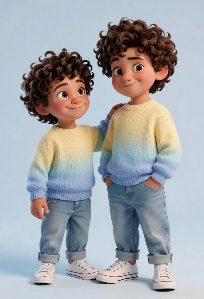 Two young boys in matching sweaters against a light blue studio backdrop - AI generated image prompt sample