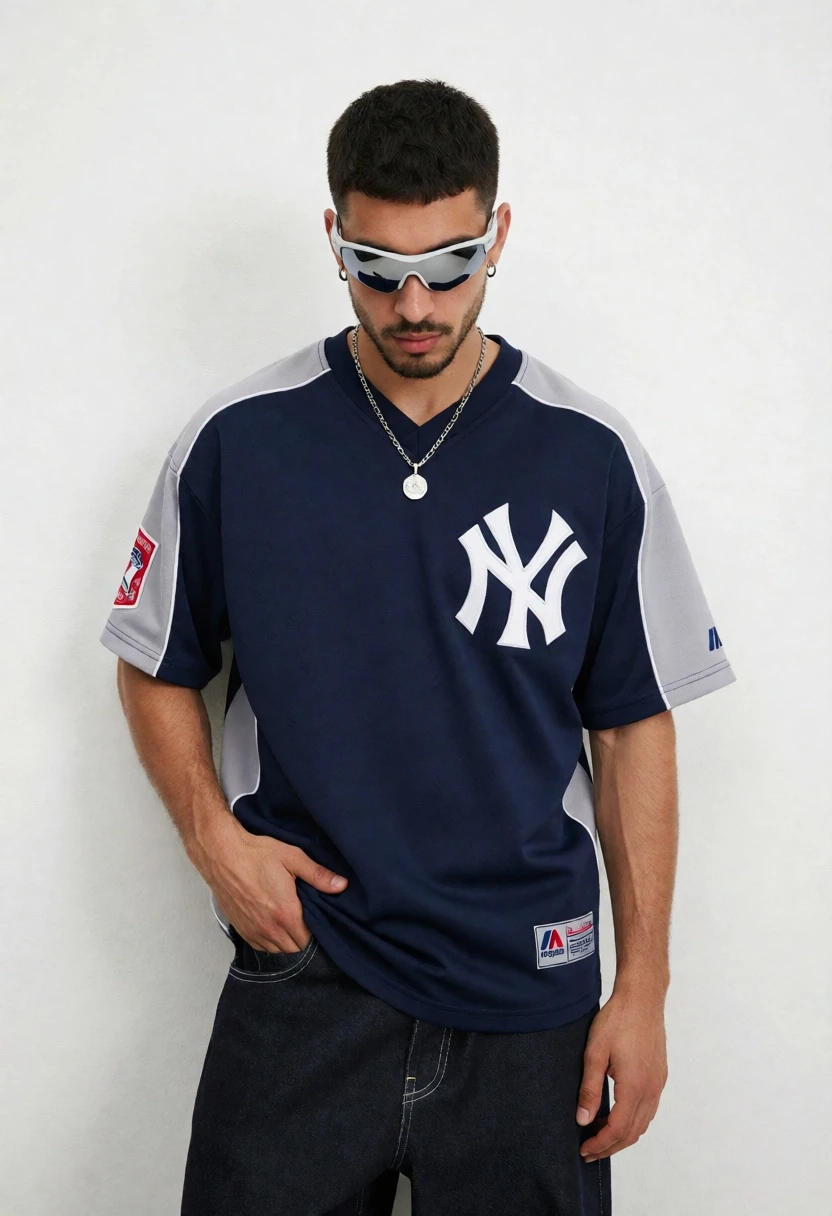 Young man in yankees jersey posing against a seamless white studio background - AI generated image prompt sample