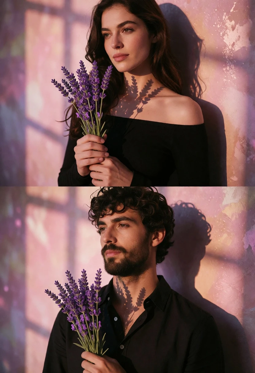 Split screen portrait of couple holding lavender bouquets against shadowed wall - AI generated image prompt sample