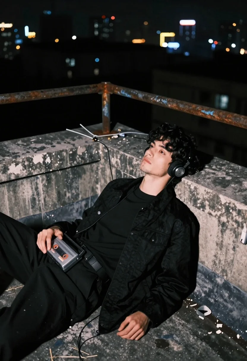 Young man with curly hair listening to cassette player on rooftop - AI generated image prompt sample