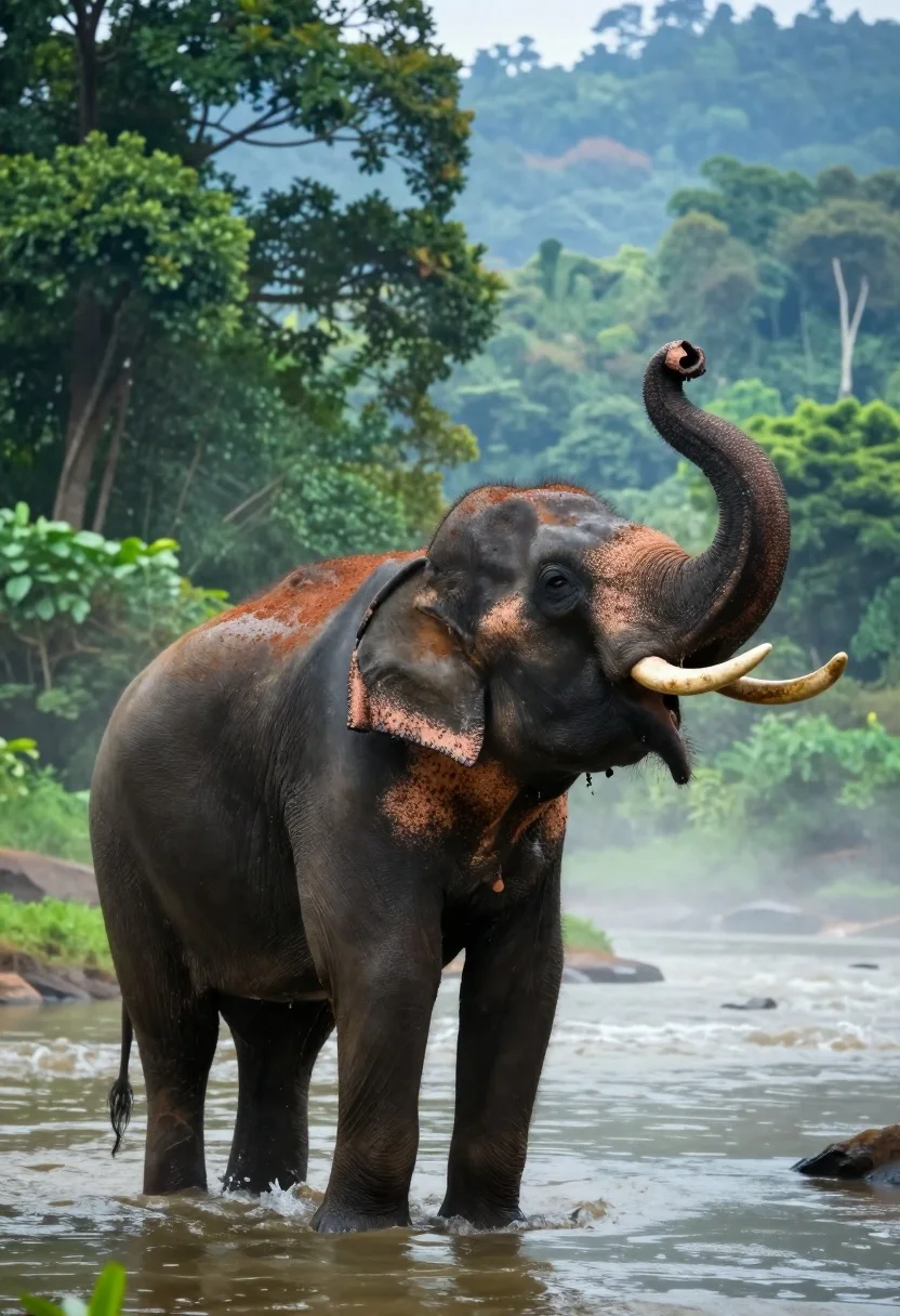 Majestic asian elephant standing in misty river amidst lush tropical rainforest foliage - AI generated image prompt sample