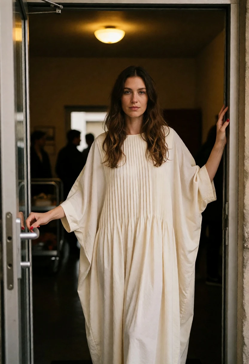 Woman in cream pleated dress framed by doorway opening indoors - AI generated image prompt sample