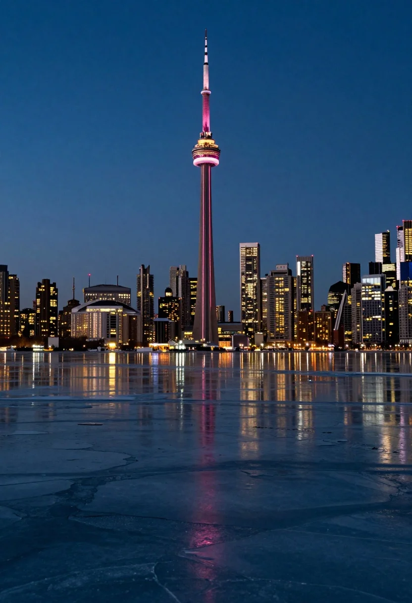 Majestic city skyline reflection on frozen water under deep blue twilight - AI generated image prompt sample