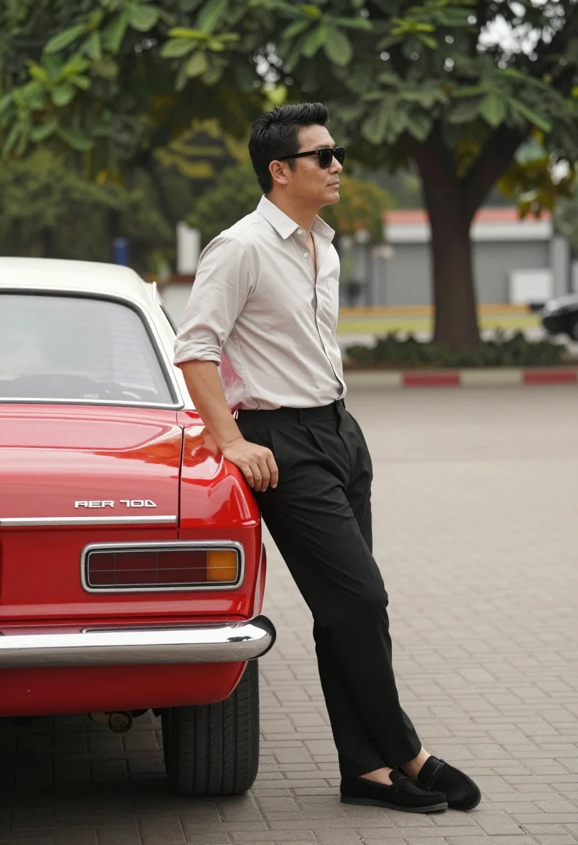 Man leaning against a vintage red car on paved brick area outdoors - AI generated image prompt sample