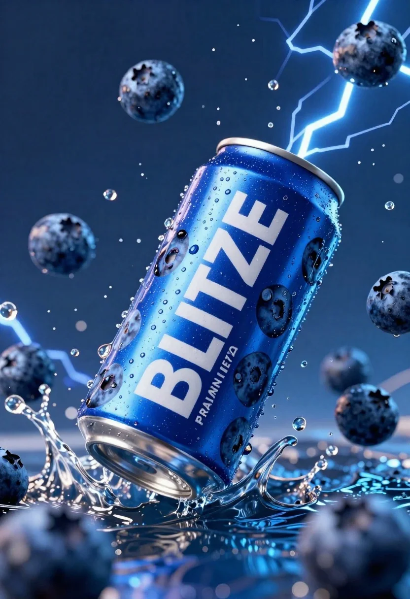 Blue aluminum beverage can suspended in midair with splashing water and blueberries - AI generated image prompt sample