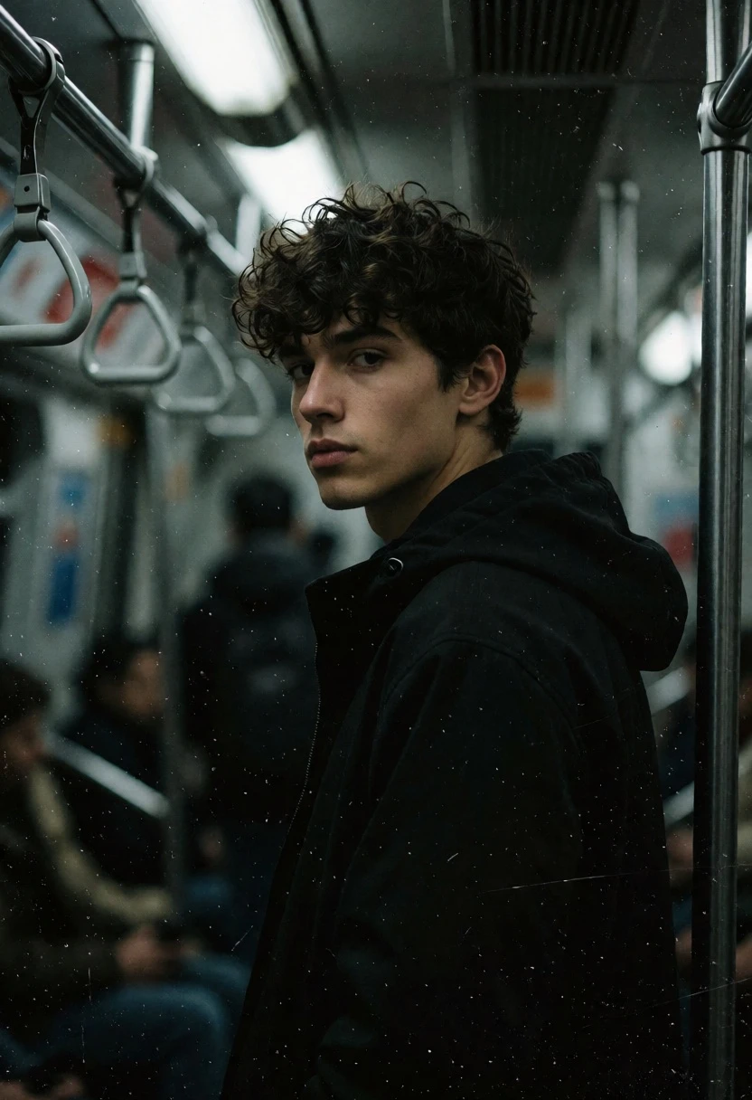 Young man in black jacket looking back inside dimly lit subway car - AI generated image prompt sample