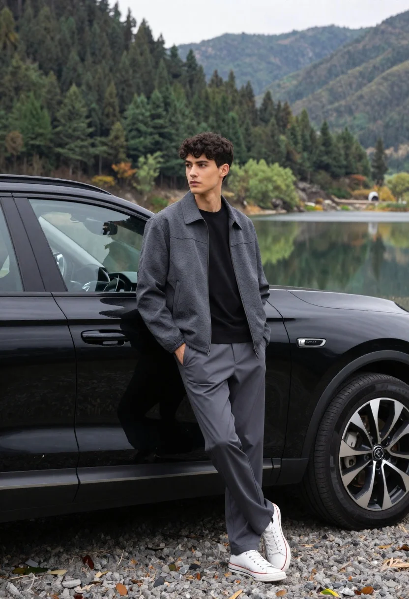 Young man leaning on black suv by lake with forested mountains background - AI generated image prompt sample
