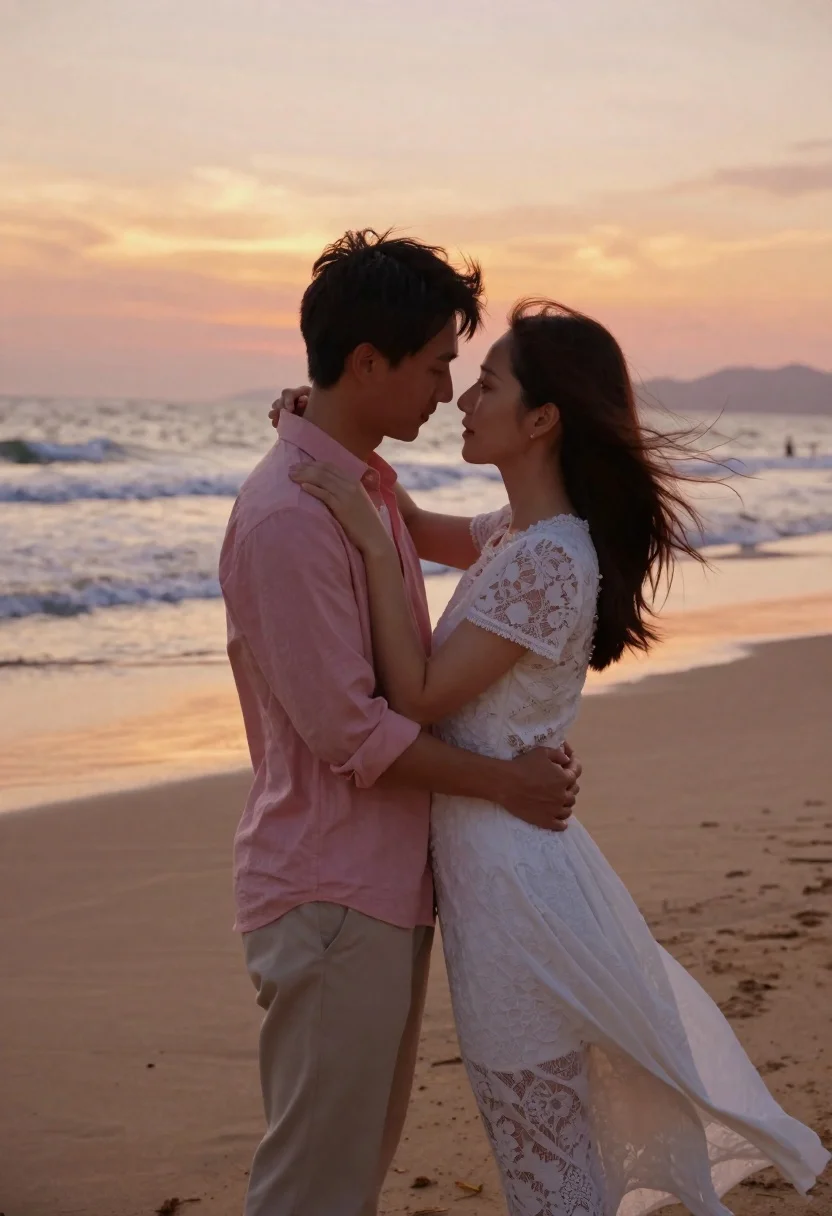 Romantic couple embracing on sandy beach during golden hour sunset - AI generated image prompt sample