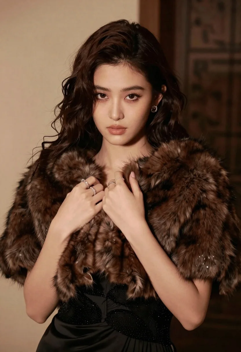 Glamorous portrait of woman in dark fur stole and black gown