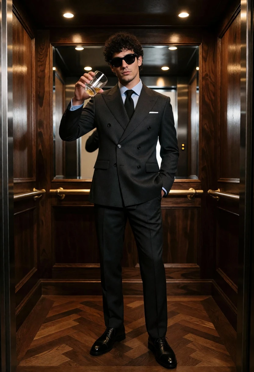 Man in charcoal doublebreasted suit pouring liquid inside luxurious elevator - AI generated image prompt sample