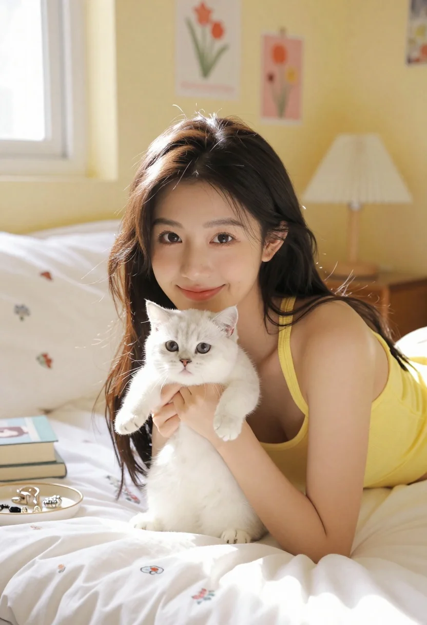 Young woman with dark hair lying on bed holding white kitten - AI generated image prompt sample